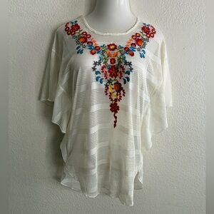 Dor Dor Couture Embroidered Dolman Sleeve Artsy Blouse Top White M